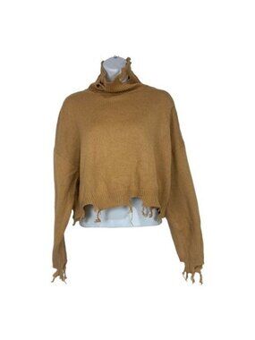 Shein Womens Distressed Turtleneck Sweater Size M Camel Acrylic Blend Knit Top